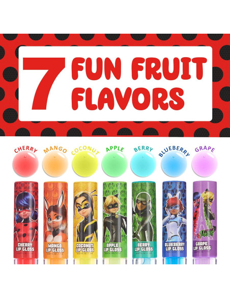 Conjunto de Brillo Labial 7 Piezas Miraculous - Sabores Frutales Conjunto de Brillo Labial 7 Piezas Miraculous - Sabores Frutales
