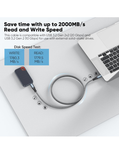 Cable USB C 0.91m JasRoum 3.2 Gen 2x2 20Gbps 240W 4K