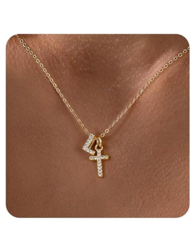 Collar de Cruz de Oro 14K para Mujeres con Circonita Cubica
