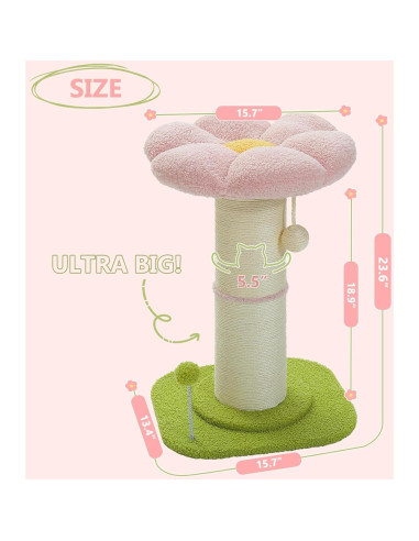 Poste Rascador para Gato PEQULTI con Flor Rosa y Base Gruesa