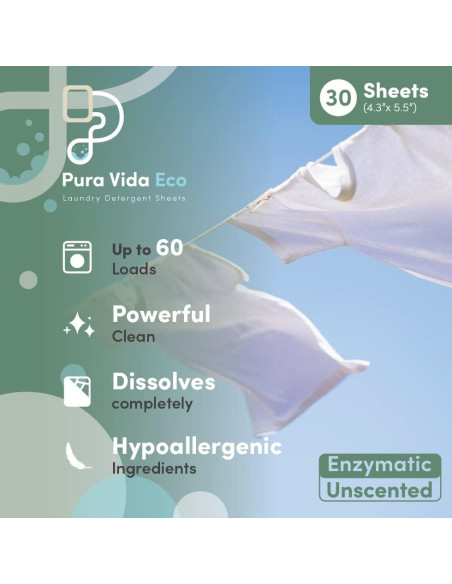 Hojas de Detergente para Ropa Pura Vida - 30 Hojas Ecológicas Hojas de Detergente para Ropa Pura Vida - 30 Hojas Ecológicas