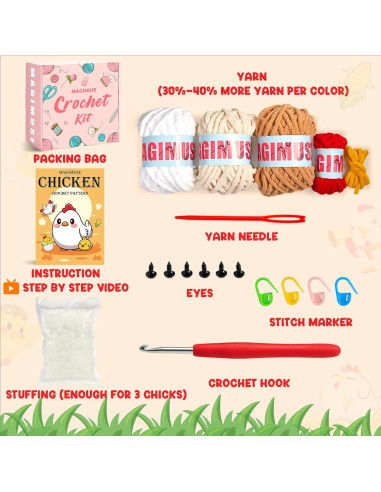 Kit de Crochet MAGIMUSE para Principiantes - 3 Pollos con Hilo Extra