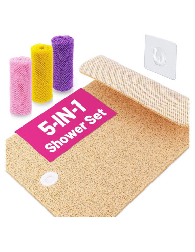 Juego de 5 Piezas ShowEzily: Alfombrilla Ducha Antideslizante y Esponjas Exfoliantes