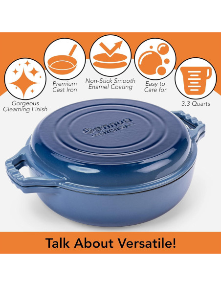 Sartén Braiser de Hierro Fundido Gennua Kitchen 3.12L Azul Sartén Braiser de Hierro Fundido Gennua Kitchen 3.12L Azul