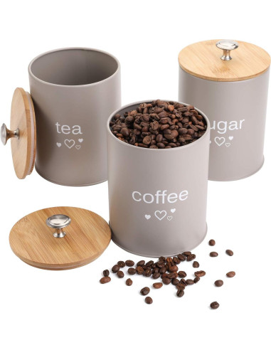Set de 3 Tarros de Cocina Fasmov para Café, Azúcar y Té - Gris