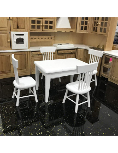 Conjunto de Mesa y Sillas de Comedor de Madera Blanca 1:12 SXFSE Conjunto de Mesa y Sillas de Comedor de Madera Blanca 1:12 SXFSE