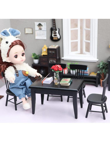 Conjunto de Mesa y Sillas Miniatura Toyvian 1:12 Madera Negra