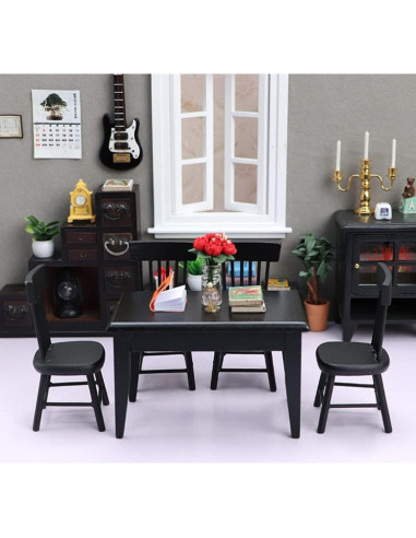 Conjunto de Mesa y Sillas Miniatura Toyvian 1:12 Madera Negra