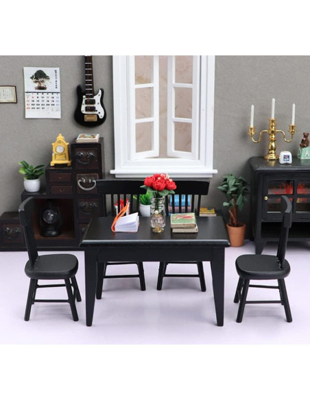 Conjunto de Mesa y Sillas Miniatura Toyvian 1:12 Madera Negra Conjunto de Mesa y Sillas Miniatura Toyvian 1:12 Madera Negra