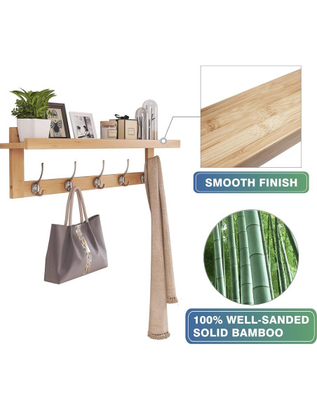 Perchero de pared SMIBUY con estante de bambú y 5 ganchos Perchero de pared SMIBUY con estante de bambú y 5 ganchos