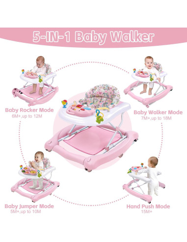 Andador Plegable 5 en 1 Rosa - W2233DU2, Altura Ajustable