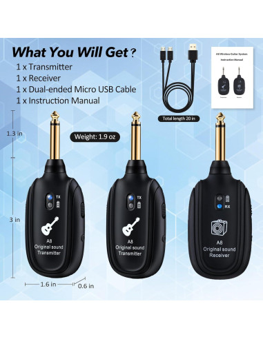 Sistema Inalámbrico WENTELMUSIC A8-2 para Guitarra Eléctrica