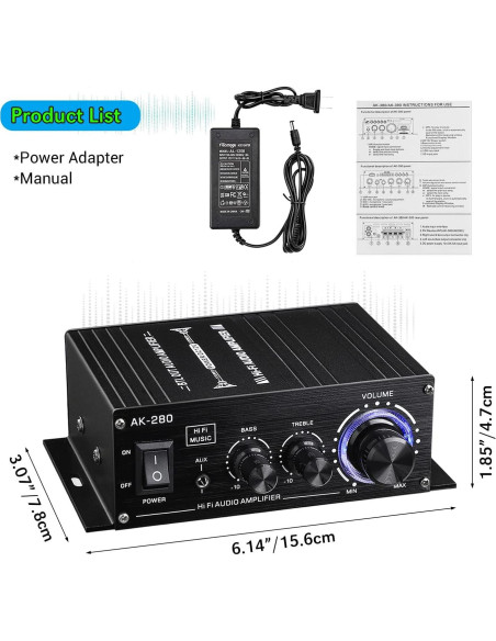 Amplificador de Potencia Facmogu AK280 200W 2.0 CH con Control de Graves Amplificador de Potencia Facmogu AK280 200W 2.0 CH con Control de Graves