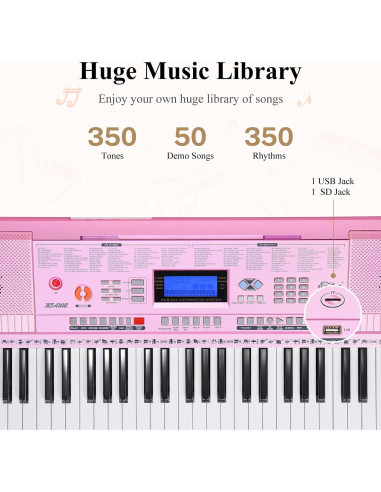 Piano Electrónico Eastar EK-620 Rosa 61 Teclas para Niños
