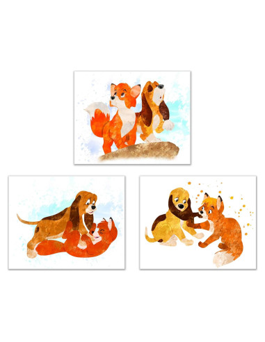 Conjunto de 3 Pósters Acuarela Zorro y el Sabueso 20x25 cm
