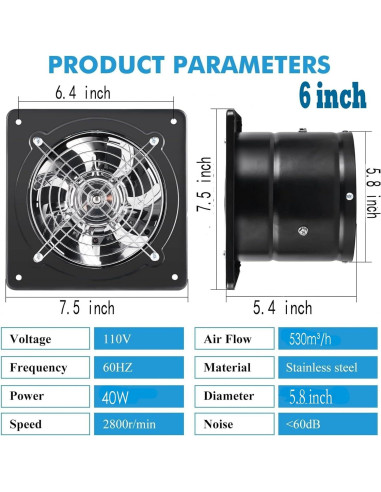Ventilador de Escape Aydomer 40W 6" Pared Negro Eficiente