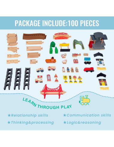 Juego de Tren de Madera 100 Piezas WoodenEdu para Niños 3-8 Años