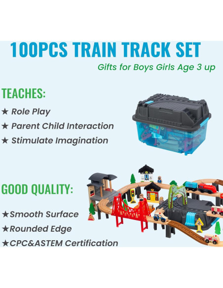 Juego de Tren de Madera 100 Piezas WoodenEdu para Niños 3-8 Años Juego de Tren de Madera 100 Piezas WoodenEdu para Niños 3-8 Años