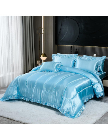 Juego de Edredón Rey Bedding_Dreamer 8 Pcs Satinado Azul Bebé