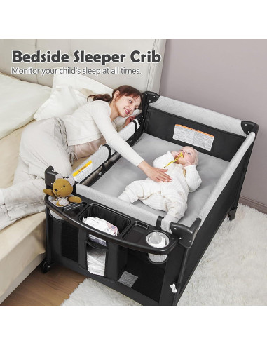 Cuna de Bebé 4 en 1 YoYiCuna Negra con Colchón Impermeable