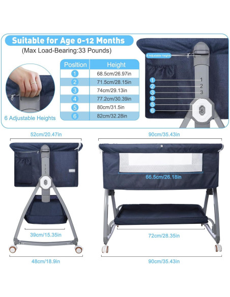 Cuna Lateral Nujett Ajustable 3 en 1 para Bebés Azul Marino Cuna Lateral Nujett Ajustable 3 en 1 para Bebés Azul Marino