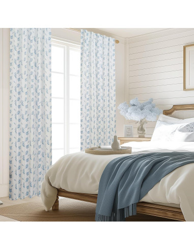 Cortinas Opacas Lino Rosa 213 cm Azul Floral para Dormitorio