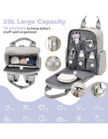 Mochila para Pañales Unisex Gris Claro con Cambiador Portátil Mochila para Pañales Unisex Gris Claro con Cambiador Portátil