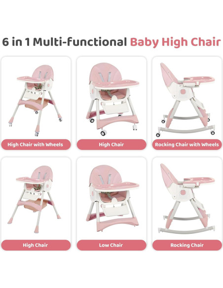 Silla Alta Plegable 6 en 1 Rosa - Bebés con Ruedas Ajustables Silla Alta Plegable 6 en 1 Rosa - Bebés con Ruedas Ajustables