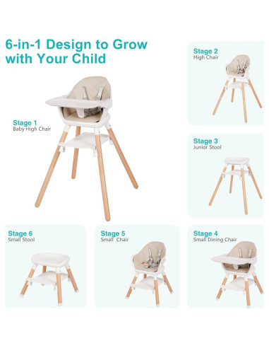Silla Alta para Bebés Komcot 6 en 1 Beige, Madera y Plástico