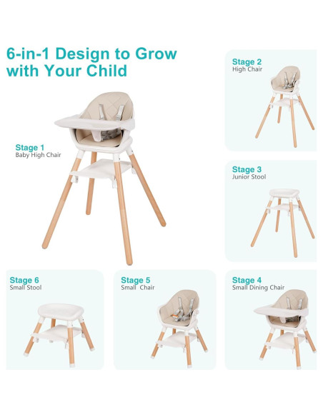 Silla Alta para Bebés Komcot 6 en 1 Beige, Madera y Plástico Silla Alta para Bebés Komcot 6 en 1 Beige, Madera y Plástico