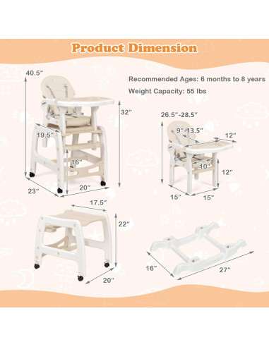 Silla Alta Multifuncional INFANS 5 en 1 Beige para Bebés
