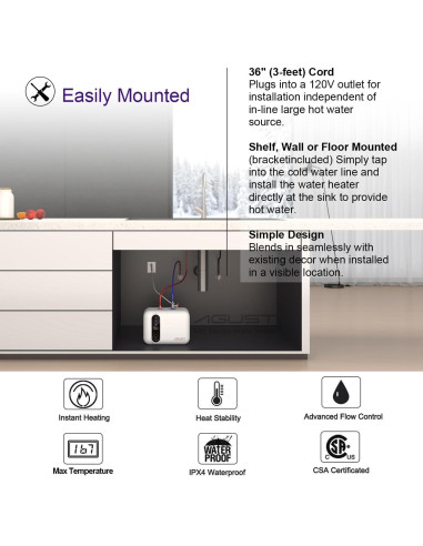 Calentador de Agua Eléctrico Instantáneo Agust 3.0 Galones 1.5KW
