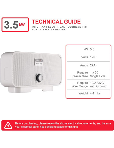 Calentador de Agua Eléctrico Sin Tanque Atmor 3.5 kW 120V Calentador de Agua Eléctrico Sin Tanque Atmor 3.5 kW 120V