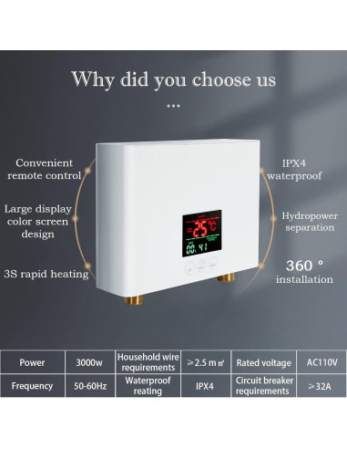 Calentador de Agua Mini Sin Tanque WWahuayuan 3000W Blanco