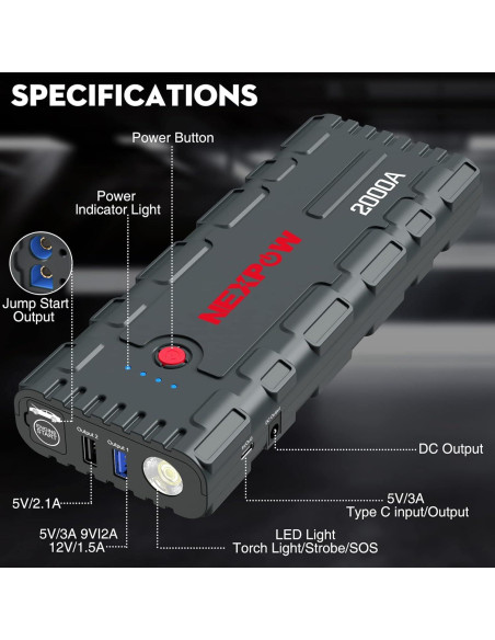 Arrancador de Batería NEXPOW G17 2000A Portátil 12V USB Arrancador de Batería NEXPOW G17 2000A Portátil 12V USB