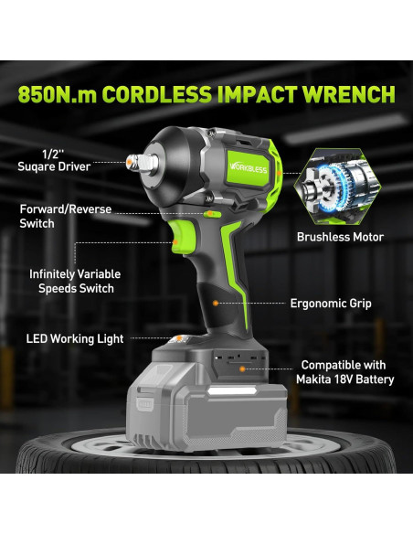 Llave de Impacto Inalámbrica WorkBless 1/2" 850Nm 3 Velocidades Llave de Impacto Inalámbrica WorkBless 1/2" 850Nm 3 Velocidades