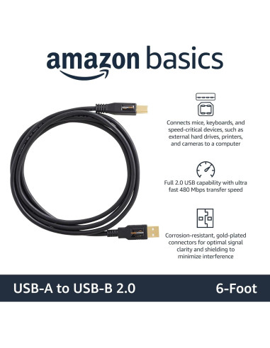 Cable USB 2.0 A-Macho a B-Macho Amazon Basics 1.8m Negro