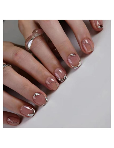 Uñas Postizas Cortas Cuadradas Francesas Plateadas 24Pcs