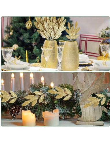 KIMOBER 20 Hojas Artificiales Doradas para Decoración Navideña
