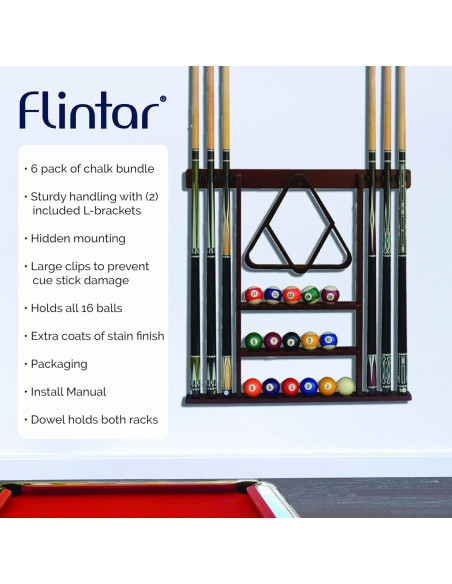 Soporte de pared para tacos de billar Flintar, madera dura negra Soporte de pared para tacos de billar Flintar, madera dura negra