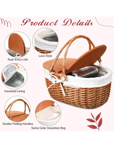 Cesta de Picnic Aislada de Mimbre DoubleFill 38x29x33cm Blanca