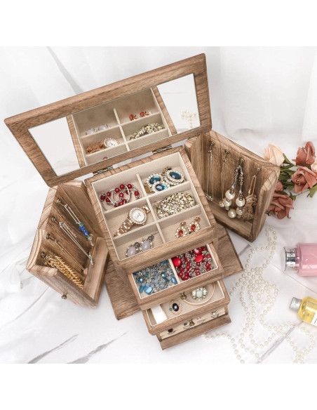 Caja de Joyería Emfogo de Madera Rústica con Espejo 4 Capas Caja de Joyería Emfogo de Madera Rústica con Espejo 4 Capas