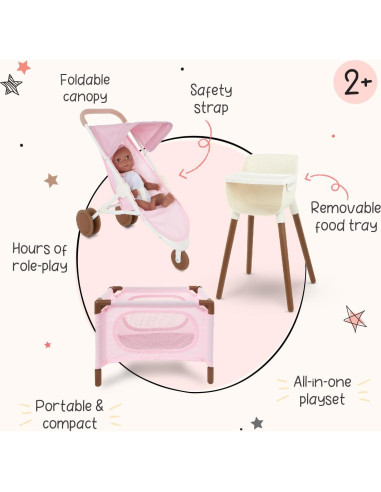 LullaBaby Juego de Guardería Rosa - Set de Cochecito, Silla Alta y Parque Infantil