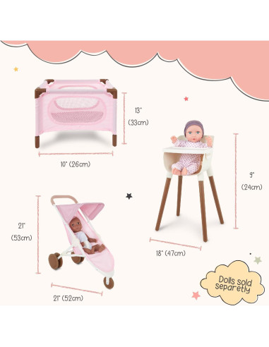 LullaBaby Juego de Guardería Rosa - Set de Cochecito, Silla Alta y Parque Infantil