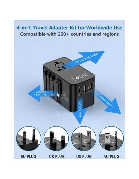 Adaptador de Enchufe de Viaje FOVAL 35W Universal con USB-C Adaptador de Enchufe de Viaje FOVAL 35W Universal con USB-C