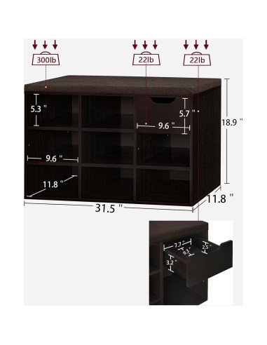Banco para zapatos DINZI LVJ con 8 cubículos y cajón, espresso
