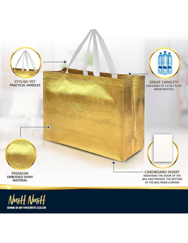Bolsas de Regalo Reutilizables Nush Nush Doradas Extra Grandes - Set de 12