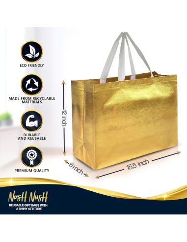 Bolsas de Regalo Reutilizables Nush Nush Doradas Extra Grandes - Set de 12