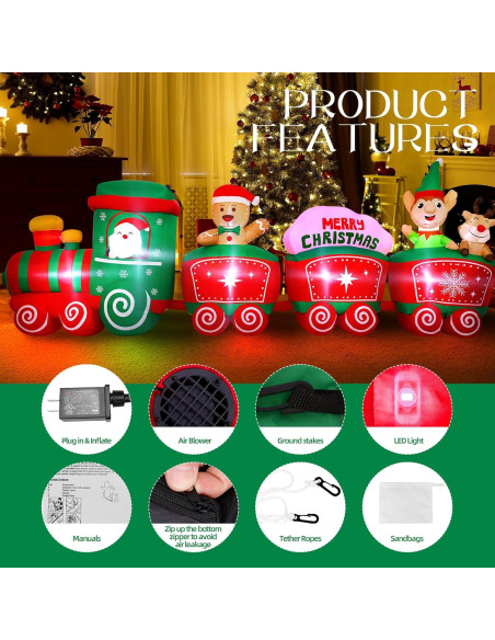 Tren Inflable de Navidad Max Fun 12ft con Santa y Luces LED Tren Inflable de Navidad Max Fun 12ft con Santa y Luces LED