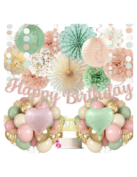 Kit de Decoración de Cumpleaños Vztipki Verde Salvia y Rosa Rubor Kit de Decoración de Cumpleaños Vztipki Verde Salvia y Rosa Rubor
